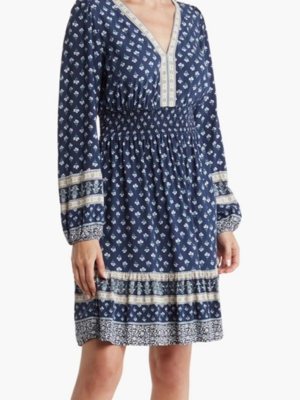 ❤️ LUCKY BRAND Smocked Waist Dress Sz S Navy Blue Floral V-Neck - Picture 10 of 10